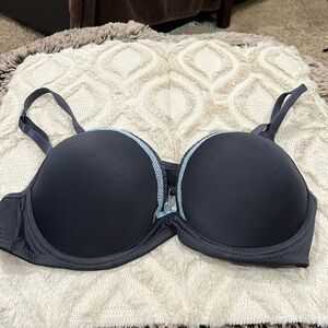 Grey and blue lace accent bra